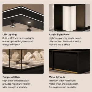 Square Black Jewelry Kiosk | LED Light Full Glass Mall Jewelry Booth - SUNZEN 5 Matte Black Roof Frame Full Surround Glass Multi Display Counter Close-up