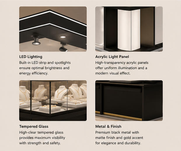 Matte Black Roof Frame Full Surround Glass Multi Display Counter Close-up