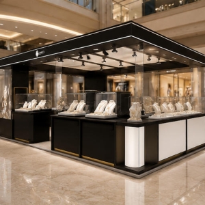 Square Black Jewelry Kiosk | LED Light Full Glass Mall Jewelry Booth - SUNZEN 6 Square Black Full Glass Enclosed Jewelry Kiosk Mall Central Passage Installation Shot