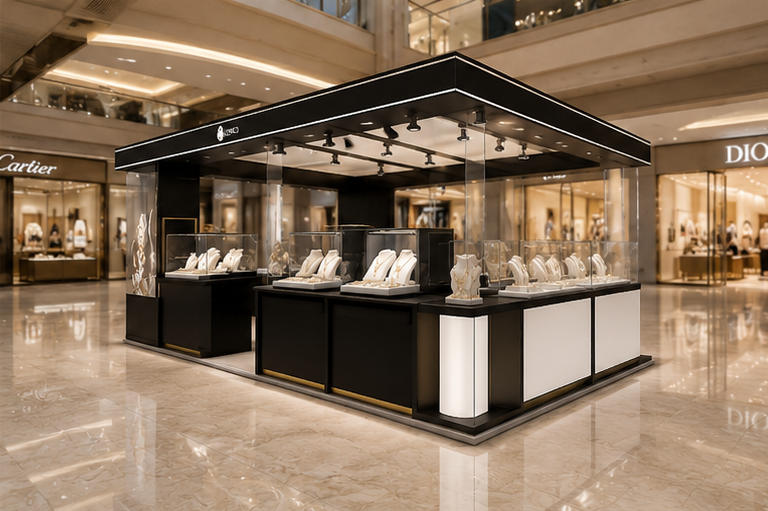 Square Black Full Glass Enclosed Jewelry Kiosk Mall Central Passage Installation Shot