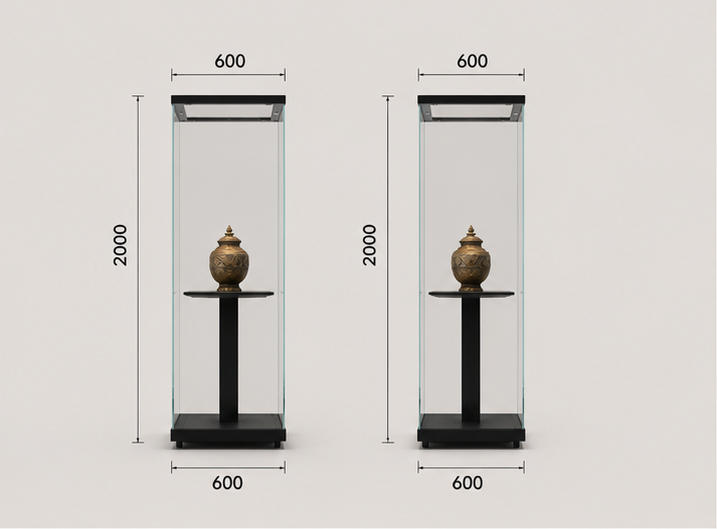 CAD layout square bronze vitrine central stand booth wood top pedestal case tall cube glass unit metal relic display cabinet dimension drawing