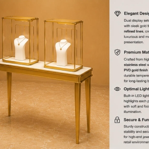 Square Glass Jewelry Cloche | Polished Gold Console Table Twin Jewelry Display Set – Sunzen Display 6 Feature close-up of square glass jewelry cloche inner light strip, polished gold frame and thin leg boutique presentation desk