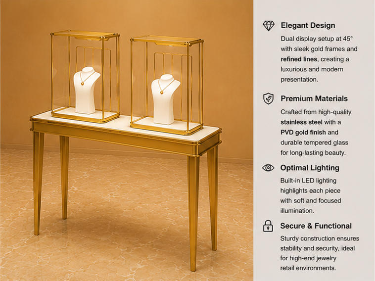 Feature close-up of square glass jewelry cloche inner light strip, polished gold frame and thin leg boutique presentation desk