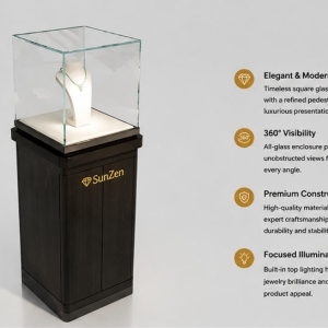 Jewelry square tall pedestal tower | Cube Glass Bust Jade Necklace Showcase – Sunzen 4 45 Degree Full Render of Dark Wood Square Cube Glass Vertical Bust Stand Jade Necklace Display Pedestal Tower