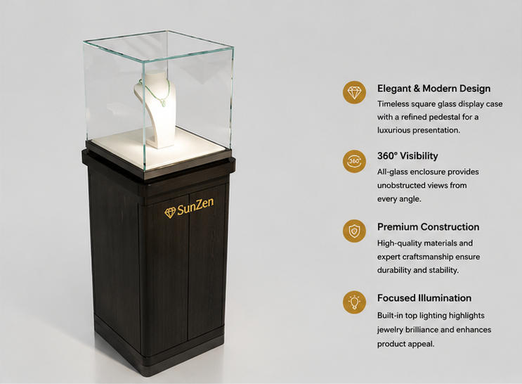45 Degree Full Render of Dark Wood Square Cube Glass Vertical Bust Stand Jade Necklace Display Pedestal Tower