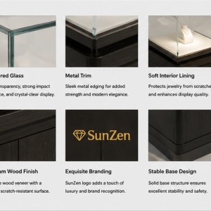 Jewelry square tall pedestal tower | Cube Glass Bust Jade Necklace Showcase – Sunzen 5 Material & Craft Close-up of Dark Wood Square Cube Glass Vertical Bust Stand Tall Jade Jewelry Display Pedestal Tower