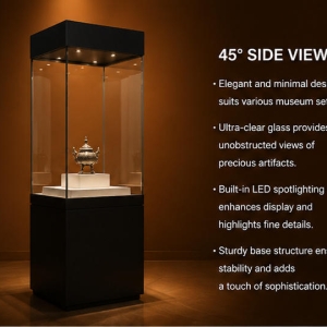 Close-up two-tier raised white stepped plinth, full vertical four-sided UV glass, concealed recessed ceiling spotlights inside tall black cube vitrine raised inner plinth booth