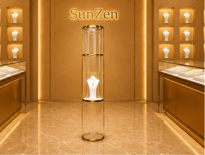 Front real shot of tall cylinder jewelry tower slim floor display stand single necklace plinth inside Sunzen luxury jewelry boutique