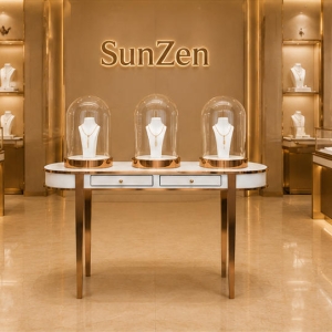 Bell Glass Display | Rose Gold Jewelry Table Store Window Pedestal – Sunzen Display 3 In-store front real shot of three bell glass rose gold jewelry window pedestal inside Sunzen jewelry boutique