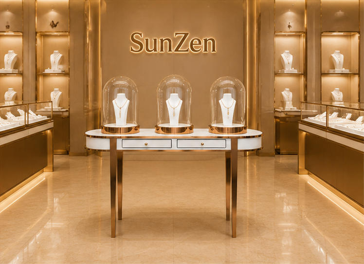 In-store front real shot of three bell glass rose gold jewelry window pedestal inside Sunzen jewelry boutique