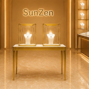 Square Glass Jewelry Cloche | Polished Gold Console Table Twin Jewelry Display Set – Sunzen Display 3 Front real shot of twin square glass jewelry cloche vertical glass vitrine boutique presentation desk inside Sunzen fine jewelry retail boutique