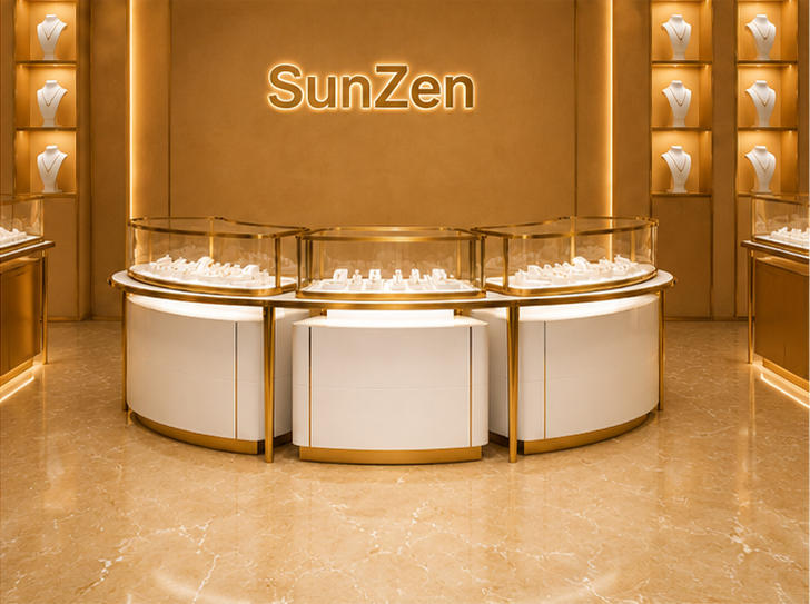 Front real shot of three-unit curved modular jewelry island central jewelry kiosk inside Sunzen fine jewelry retail boutique