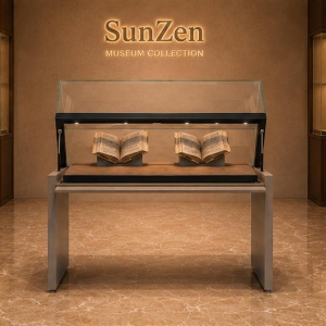 Slant Top Book Vitrine | Museum Document Display Library Display Pedestal – Sunzen Display 3 Front real shot of slant top book vitrine museum document display archival artifact cabinet inside Sunzen history museum exhibition hall