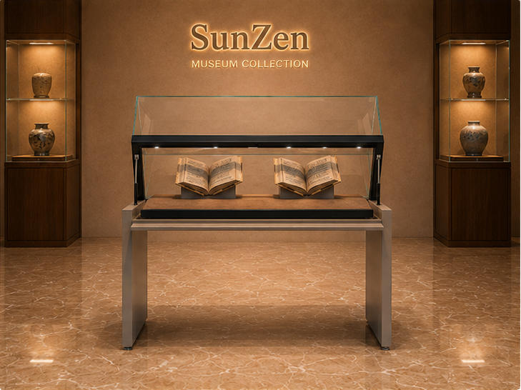 Front real shot of slant top book vitrine museum document display archival artifact cabinet inside Sunzen history museum exhibition hall