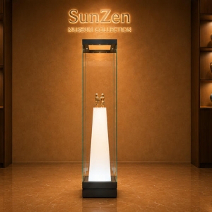 Tapered Plinth Sculpture Vitrine | Backlit Heritage Pedestal Tall Slim Statue Display Tower – Sunzen Display 3 Front real shot of tapered plinth sculpture vitrine tall slim statue display tower inside Sunzen sculpture heritage museum exhibition hall