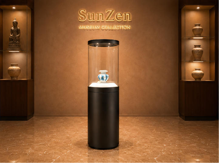 Front real shot of cylindrical vase vitrine single pottery exhibit tower round pedestal museum stand inside Sunzen porcelain heritage museum exhibition hall