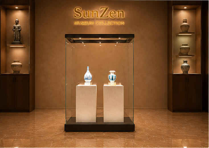 Front real shot of dual pedestal glass vitrine double vase display case twin ceramic exhibit cabinet inside Sunzen porcelain heritage museum exhibition hall