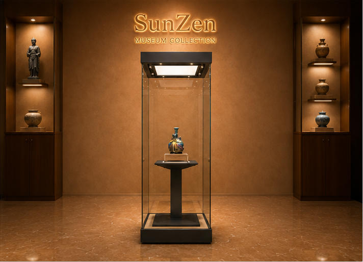 Front real shot of tall square artifact vitrine single vase glass cabinet slim vertical museum booth inside Sunzen ceramic heritage exhibition hall