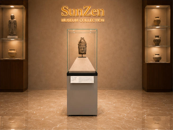 Front real shot of tall vertical artifact vitrine single statue display stand pedestal museum plinth inside Sunzen cultural heritage museum exhibition hall