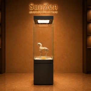 Square Base Terracotta Vitrine | Block Base Heritage Tower Single Sculpture Museum Plinth – Sunzen Display 6 Front real shot of square base terracotta vitrine single sculpture museum plinth block base heritage tower inside ancient clay relic museum exhibition hall