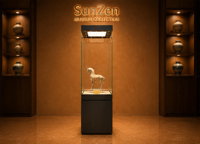 Front real shot of square base terracotta vitrine single sculpture museum plinth block base heritage tower inside ancient clay relic museum exhibition hall