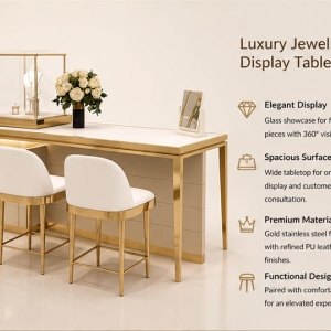 Gold Consultation Counter | Built-In Side Cabinet Match Gold Stool Set Tabletop Mini Vitrine Jewelry Client Booth 4 Close-up tabletop mini gold frame glass vitrine, recessed side cabinet ambient light, matching gold frame white upholstered stool inside gold consultation counter jewelry client booth