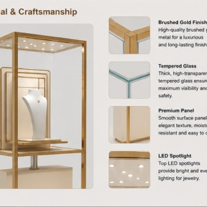 Open Gold Frame Pedestal | Raised Inner Display Shelf Vertical Beige Base Unit Ceiling Dot Spot Booth Single Necklace Display Tower 5 Material close-up seamless tall vertical matte beige cabinet base, thin anti-oxidation open gold alloy frame, low iron clear vertical glass for vertical beige base unit single necklace display tower