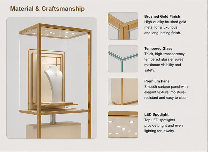 Material close-up seamless tall vertical matte beige cabinet base, thin anti-oxidation open gold alloy frame, low iron clear vertical glass for vertical beige base unit single necklace display tower
