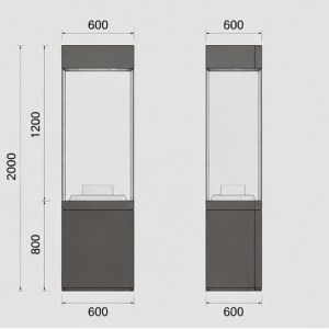 CAD layout tall black cube vitrine raised inner plinth booth full surround glass case top recess spot unit bronze artifact pedestal cabinet dimension drawing