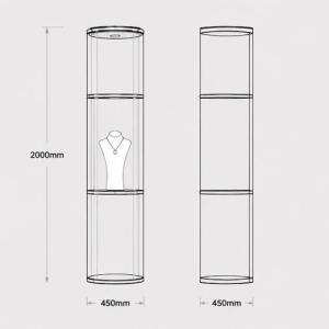 Tall Cylinder Jewelry Tower | Gold Rim Glass Pedestal Vertical Round Vitrine – Sunzen Display 6 CAD layout drawing of tall cylinder jewelry tower gold rim glass pedestal vertical round vitrine dimension marking