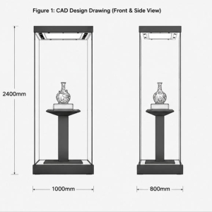 Tall Square Artifact Vitrine | Central Pillar Museum Plinth Slim Vertical Museum Booth – Sunzen Display 6 CAD layout drawing of tall square artifact vitrine central pillar museum plinth single vase glass cabinet dimension marking