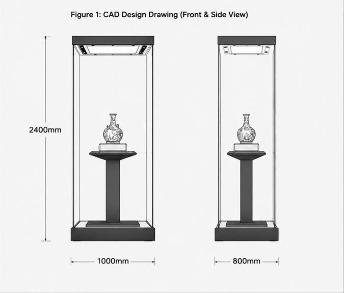CAD layout drawing of tall square artifact vitrine central pillar museum plinth single vase glass cabinet dimension marking