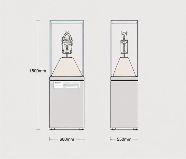 CAD layout drawing of tall vertical artifact vitrine pedestal museum plinth single statue display stand dimension marking