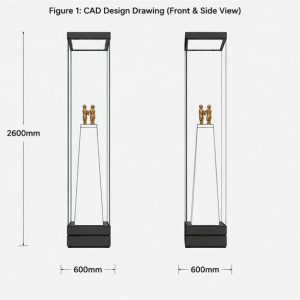 Tapered Plinth Sculpture Vitrine | Backlit Heritage Pedestal Tall Slim Statue Display Tower – Sunzen Display 6 CAD layout drawing of tapered plinth sculpture vitrine tall slim statue display tower narrow square artifact cabinet dimension marking