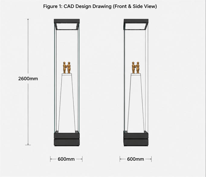 CAD layout drawing of tapered plinth sculpture vitrine tall slim statue display tower narrow square artifact cabinet dimension marking