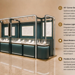 Teal Metal Frame Mall Jewelry Kiosk | LED Light Mall Pearl Jewelry Retail Kiosk - SUNZEN 3 Teal Metal Frame Jewelry Kiosk LED Light Mall Pearl Retail Booth Render