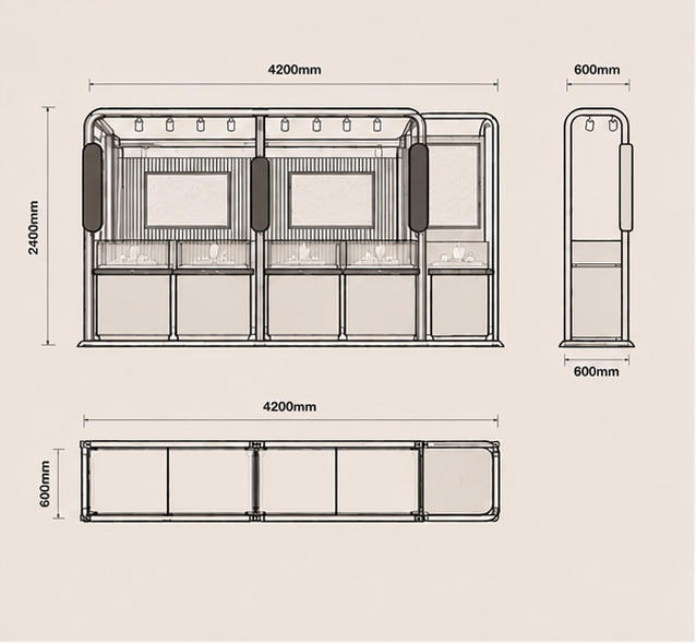 Whole Booth Metal Frame & Multi Glass Counter Mechanical CAD Drawing