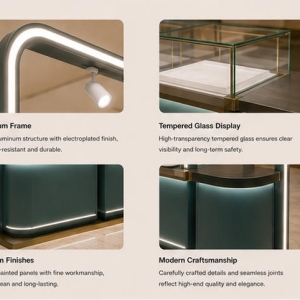 Teal Metal Frame Mall Jewelry Kiosk | LED Light Mall Pearl Jewelry Retail Kiosk - SUNZEN 5 Teal Metal Frame & LED Light Strip Multi Glass Counter Close-up