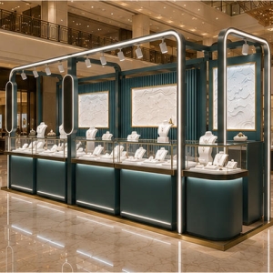 Teal Metal Frame Mall Jewelry Kiosk | LED Light Mall Pearl Jewelry Retail Kiosk - SUNZEN 6 Teal LED Pearl Jewelry Kiosk Shopping Mall Passage Installation Shot