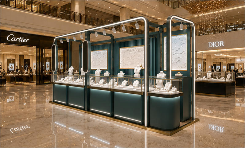 Teal LED Pearl Jewelry Kiosk Shopping Mall Passage Installation Shot