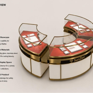 45 Degree Full Render of Three-Module Gold Frame Red Liner Open C-Ring Jewelry Central Showcase