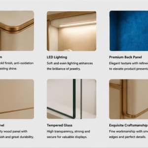 Dual Recess Niche Wall | Double Gold Frame Vitrine Blue Velvet Accent Panel Three Band Cream Wall Divided Gem Backdrop Unit 5 Material close-up triple horizontal band seamless matte cream wall panels, full thin polished gold dividing & border trim, low iron anti-reflection tempered glass for double gold frame vitrine blue velvet accent panel