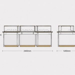 Curved Modular Jewelry Island | Gold Trim Glass Counter Central Jewelry Kiosk – Sunzen Display 6 CAD layout drawing of three-unit curved modular jewelry island gold trim glass counter central jewelry kiosk dimension marking