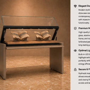 Slant Top Book Vitrine | Museum Document Display Library Display Pedestal – Sunzen Display 5 Feature close-up of slant open top tempered glass, hydraulic support arm, beige archival mat of library display pedestal