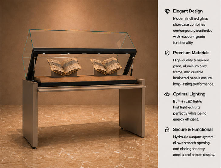 Feature close-up of slant open top tempered glass, hydraulic support arm, beige archival mat of library display pedestal