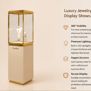 Close-up recessed top LED spotlights, white necklace bust stand, full gold four-sided UV glass enclosure inside cream square pedestal gold frame tower vitrine