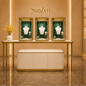 Velvet Jewelry Stand | Gold Frame Display Table - Sunzen 3 Full product render triple lockable pedestal jewel booth set with gold frame display table and matching white storage cabinet