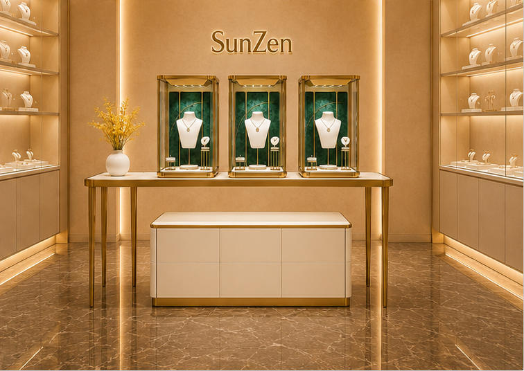 Full product render triple lockable pedestal jewel booth set with gold frame display table and matching white storage cabinet