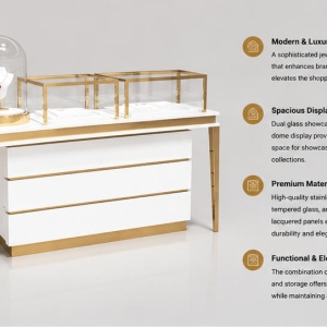 45 Degree Render of Gold Trim White Glass Jewelry Display Counter