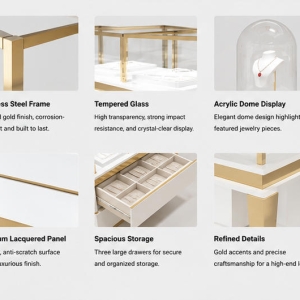Material and Craft Detail of White Glass Gold Trim Jewelry Counter